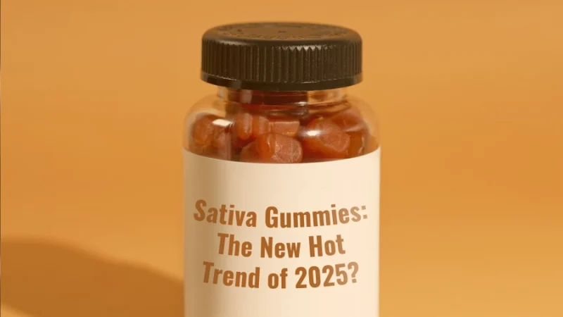 A bottle of cannabis gummies labeled “Sativa Gummies: The New Hot Trend of 2025?” on an orange background