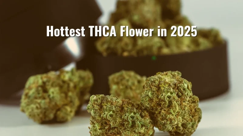 THCA flower buds displayed in a stylish container with the text “Hottest THCA Flower in 2025”