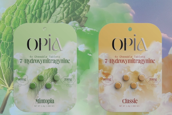 Opia 7-Hydroxymitragynine chewable tablets packaging in Mintopia and Classic flavors