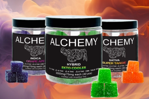 Three jars of Alchemy THC gummies in vibrant colors, labeled Indica, Hybrid, and Sativa