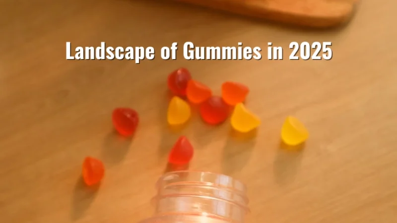 A spilled jar of colorful gummies on a wooden surface with the text “Landscape of Gummies in 2025”