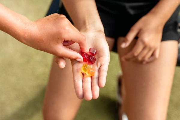 Close-up of two hands sharing colorful THC gummies in an outdoor setting