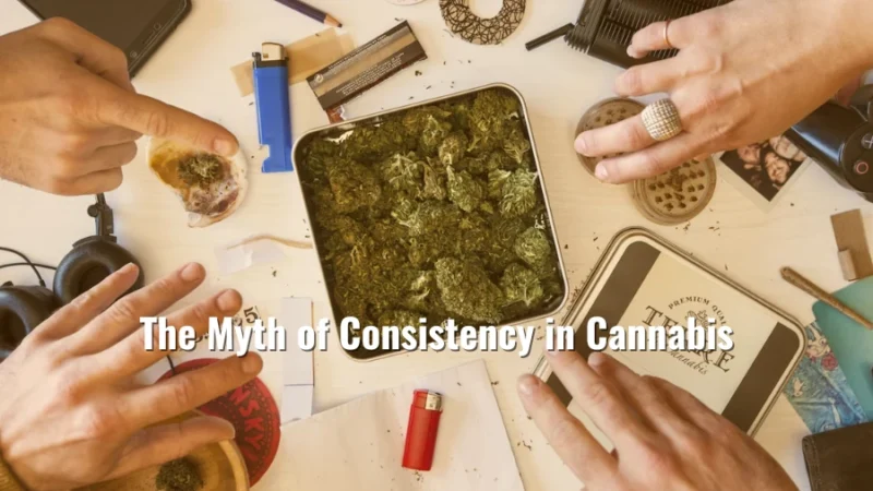 A table with cannabis buds, rolling papers, grinders, and accessories, with hands reaching in with the title “The myth of cannabis consistency” on top