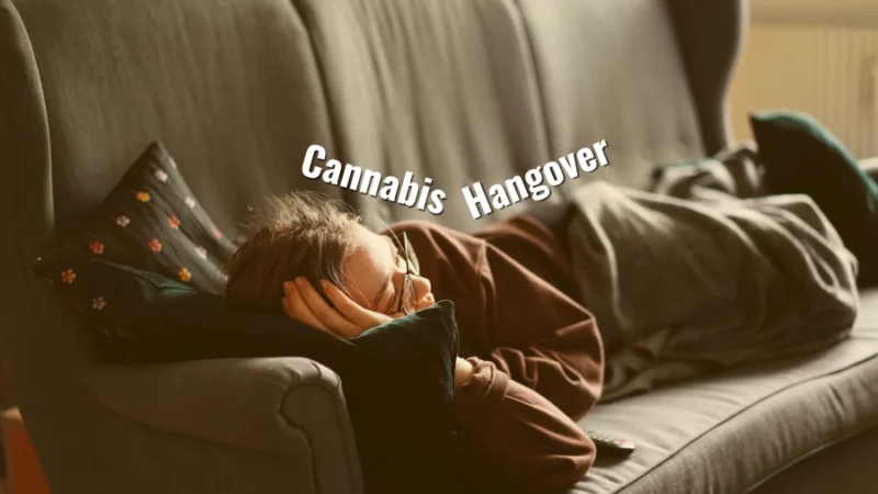 Person lying on a couch with the text “Cannabis Hangover”