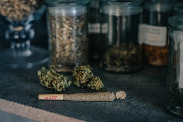 Pre-rolled joint with cannabis jars in the background