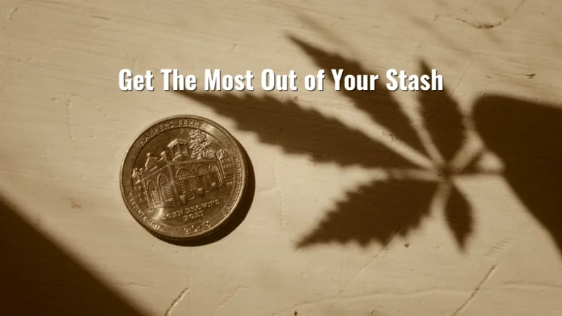 A quarter coin with cannabis leaf shadow and text: “Get the most out of your stash”