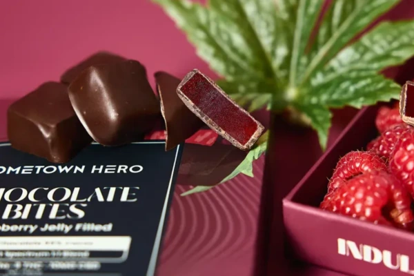 Dark chocolate bites with raspberry jelly filling, displayed with fresh raspberries