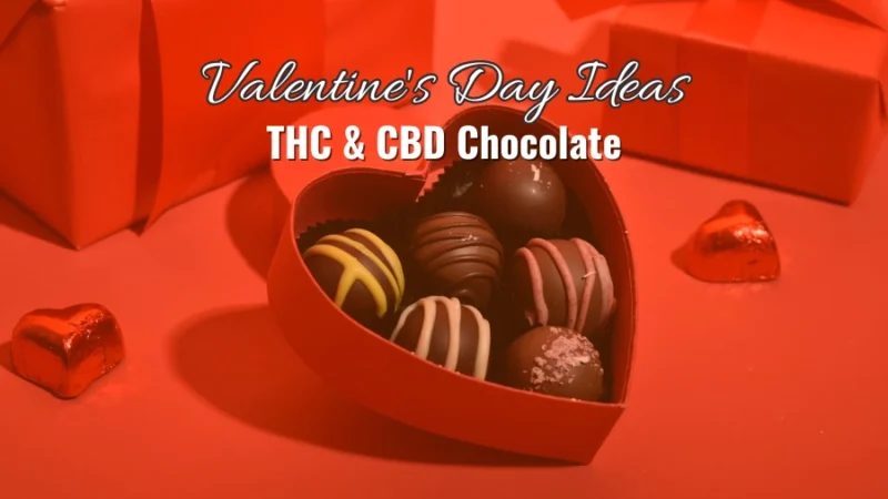 Heart-shaped box of assorted truffles with a red Valentine’s-themed background and the title “Valentine's Day Ideas: THC & CBD Chocolate”