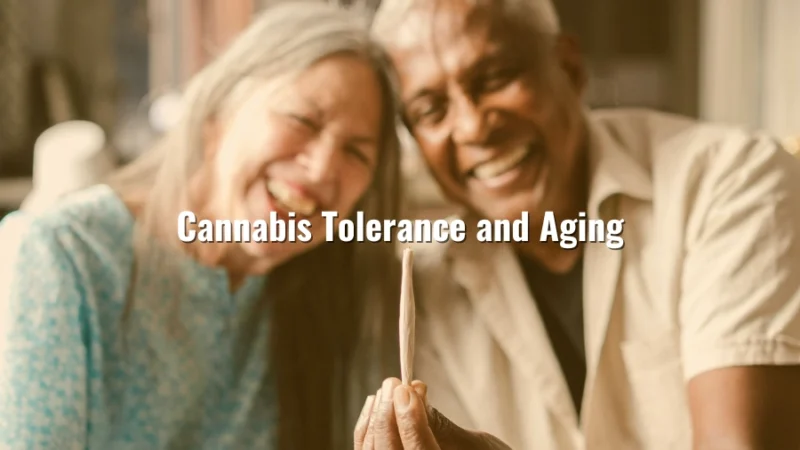 Older couple smiling and holding a joint with “Cannabis Tolerance and Aging” text overlay