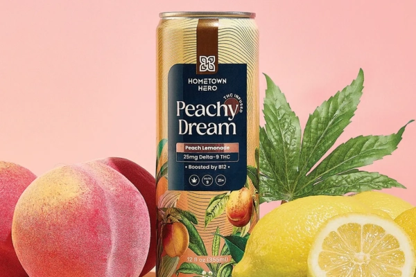 Peachy Dream hemp-infused lemonade with fresh peach and lemon