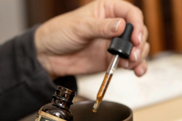 Hand holding a dropper with cannabis tincture over a cup